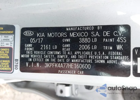 2017 Kia Forte Lx из США, поврежденный, VIN 3KPFK4A77HE160600